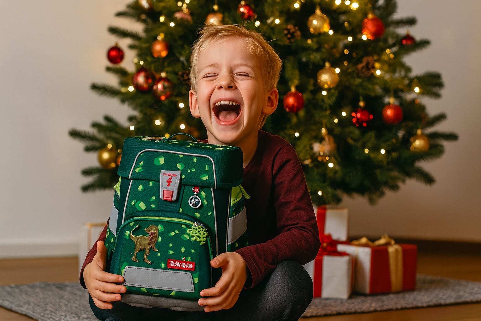 Veselý chlapec u vánočního stromečku